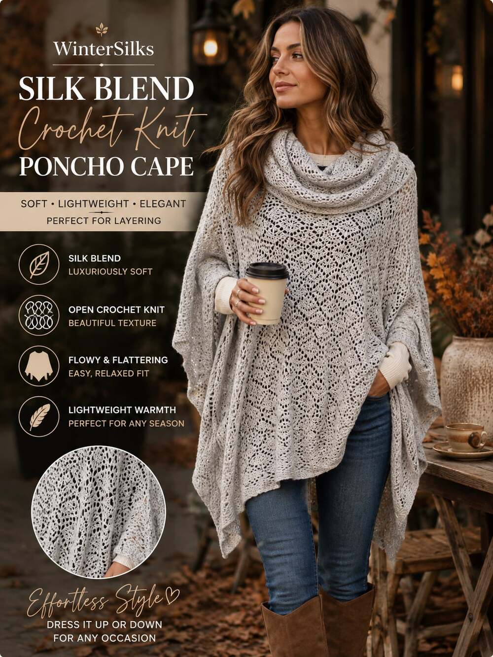 WinterSilks Women’s Gray Silk Blend Crochet Knit Poncho Cape Cowl Neck